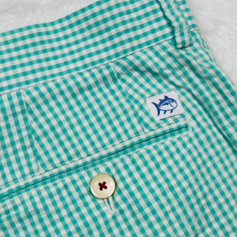 Southern Tide Seersucker Shorts Mens 34 Mint Green Gingham Check Fish Logo Golf